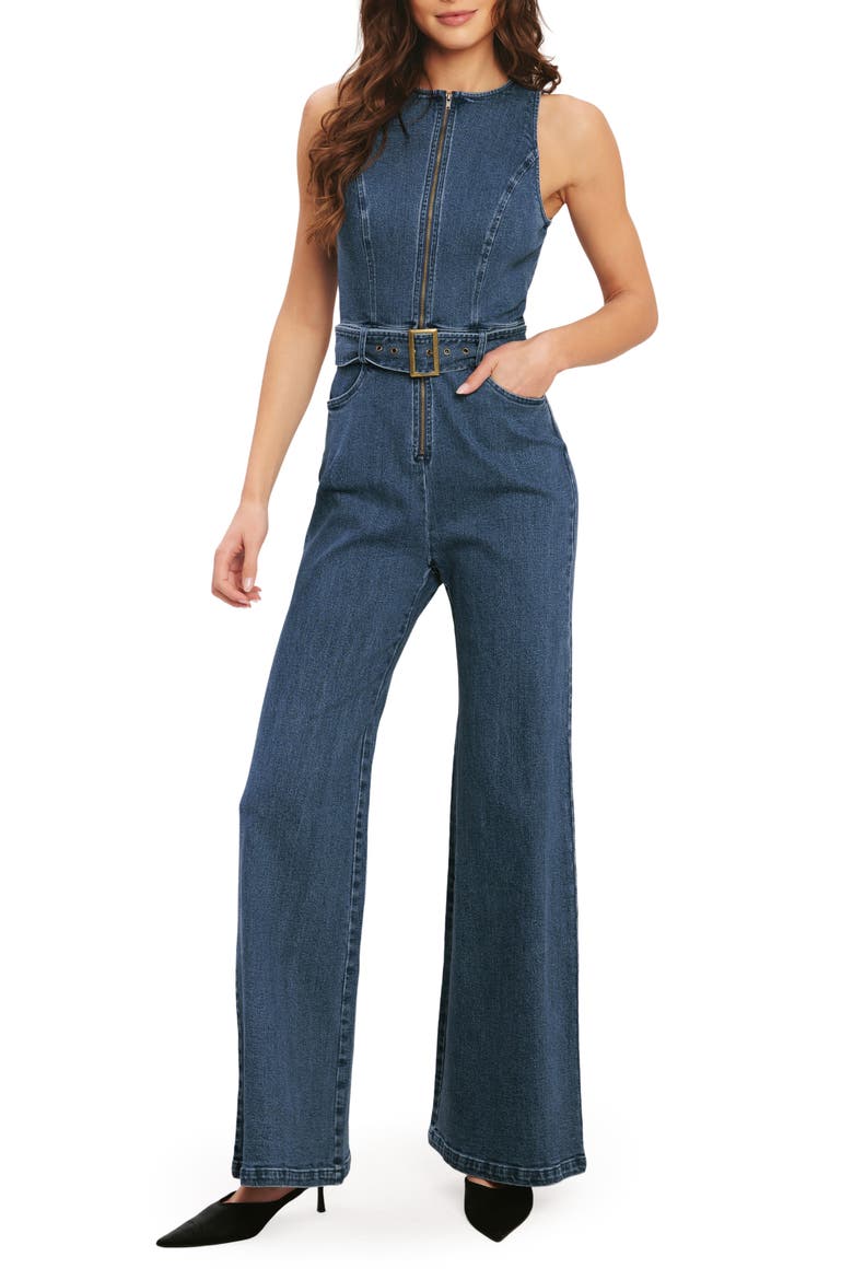 Belted Denim Jumpsuit, Main, color, MEDIUM INDIGO