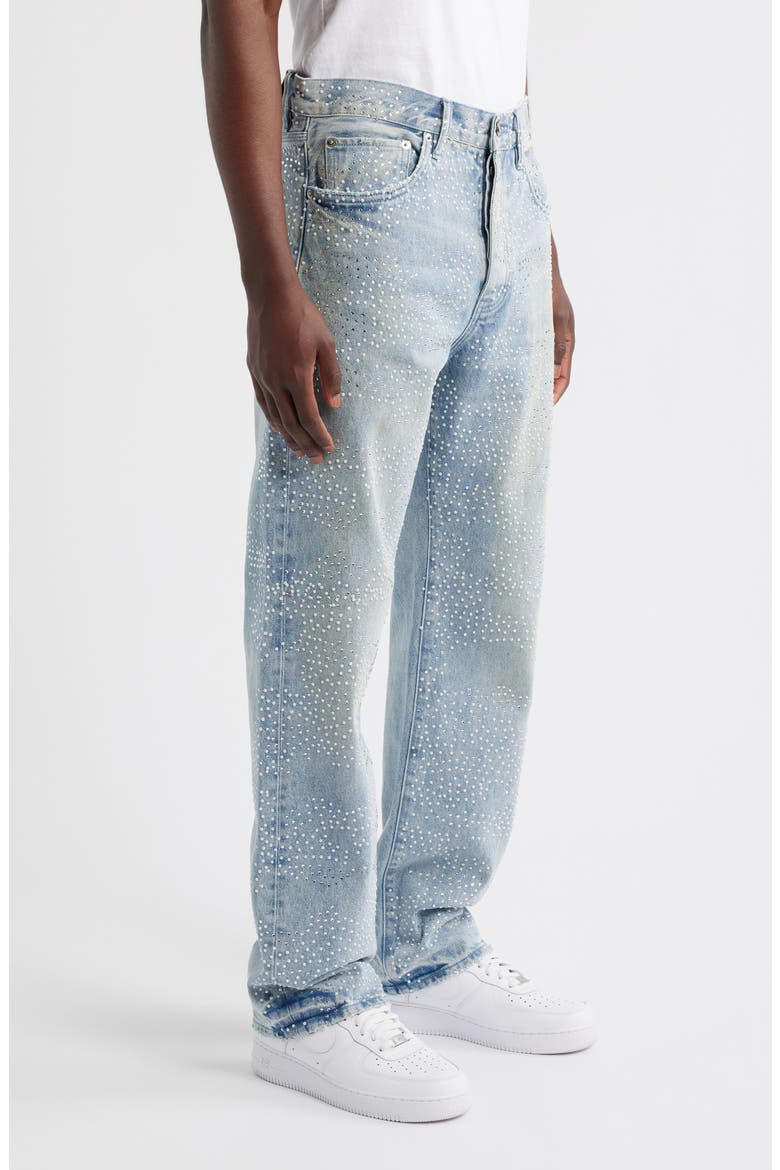 Sandstone Camo Hotfix Embellished Straight Leg Jeans, Alternate, color, LIGHT INDIGO