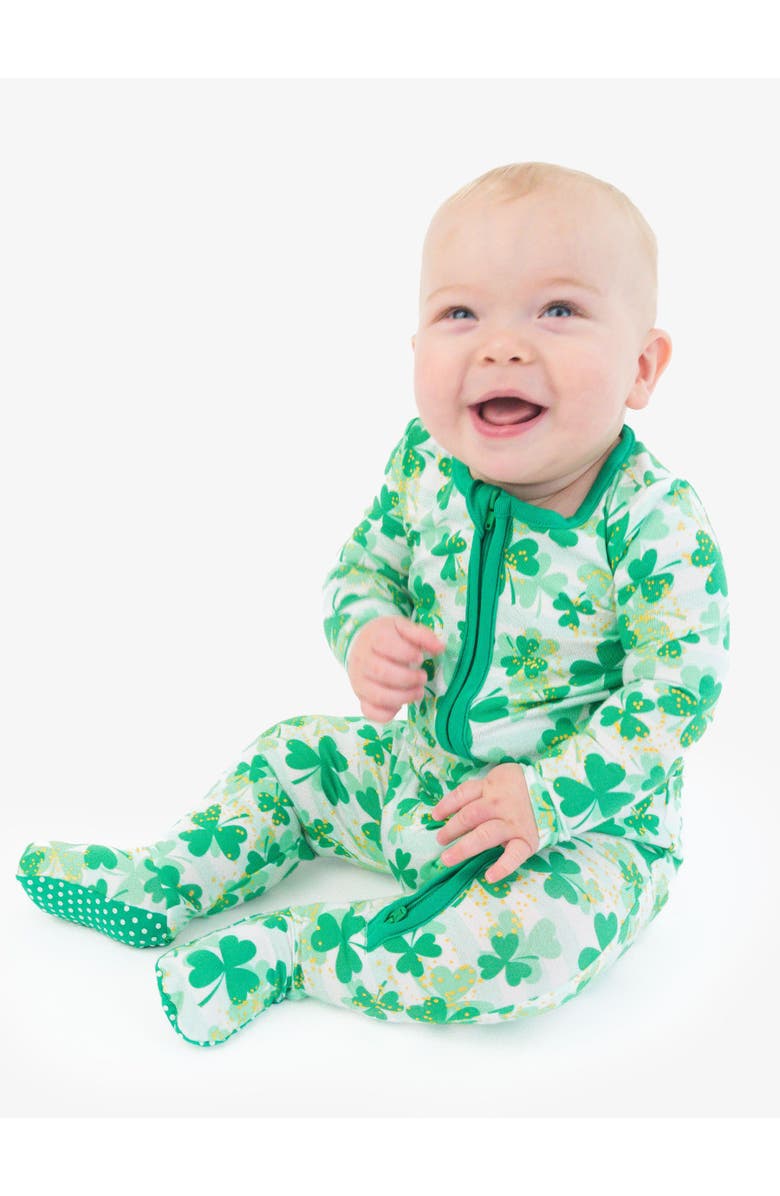 RuffleButts SoftSnooze Gender Inclusive One Piece Footie Pajamas, Alternate, color, Clover Field
