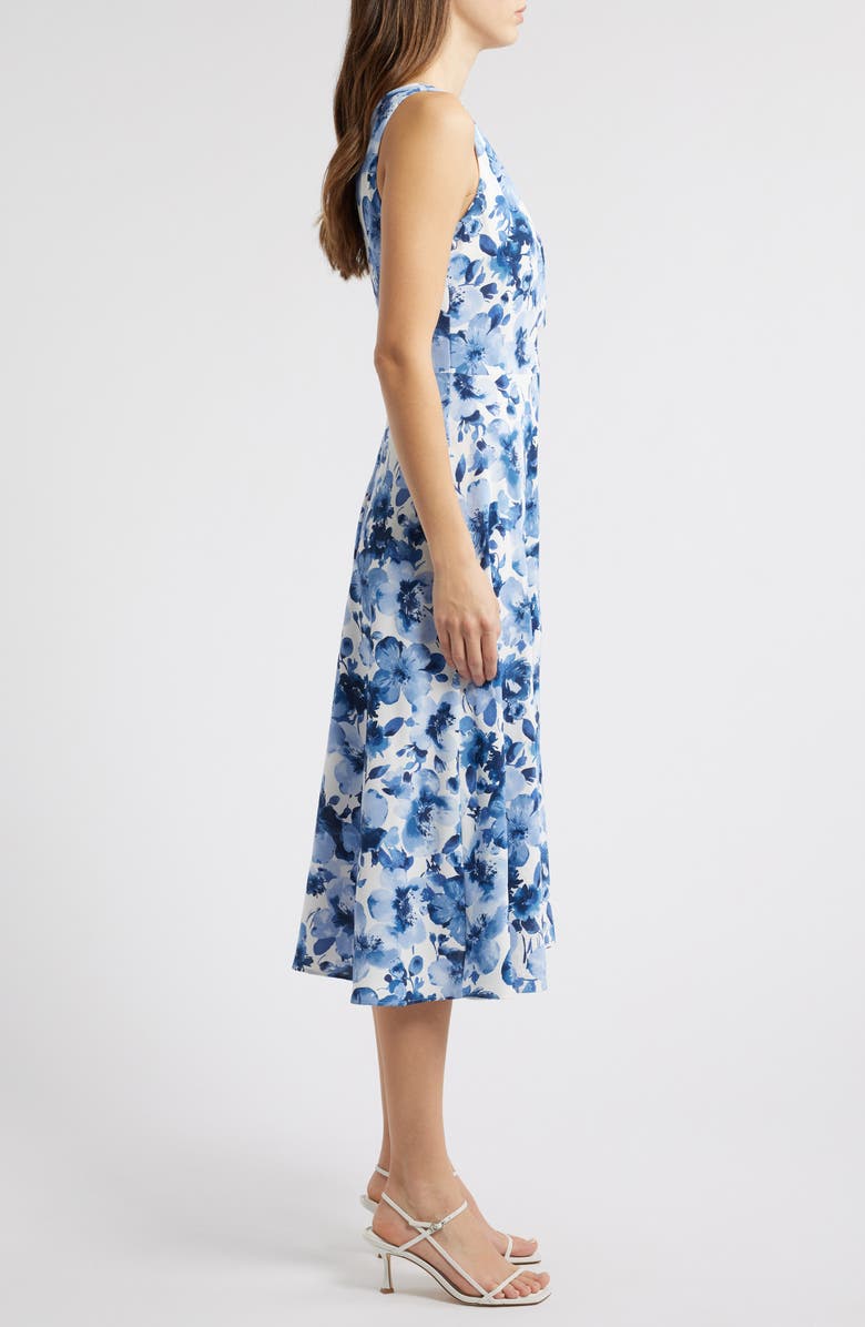 Connected Apparel Floral Sleeveless Pleated Waist A-Line Midi Dress, Alternate, color, Denim