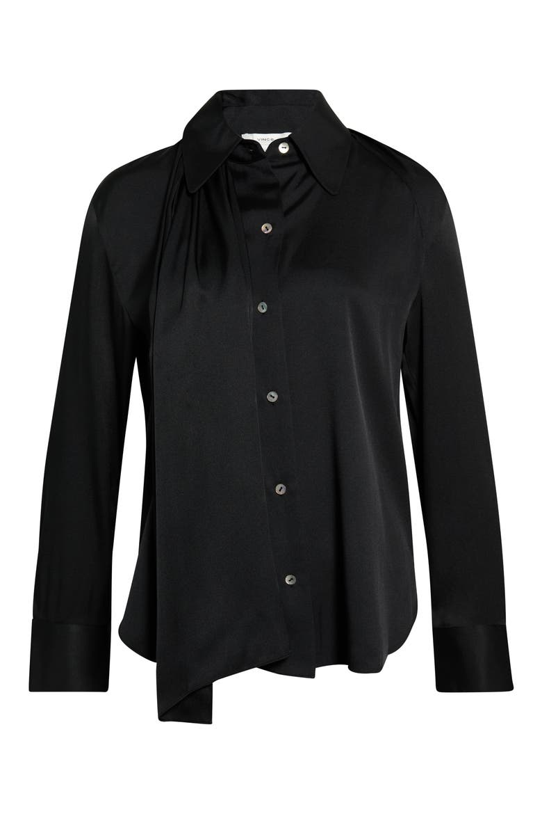 Scarf Detail Silk Blend Button-Up Shirt, Main, color, BLACK