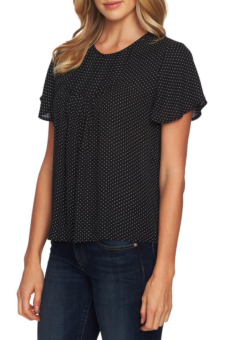 Refined Pin Dot Pintuck Short Sleeve Blouse, Main, color, RICH BLACK