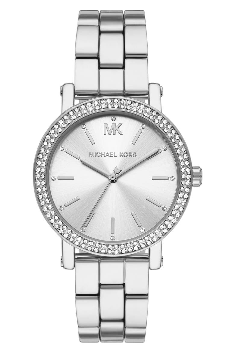 Corey 3-Hand Quartz CZ Pavé Bracelet Watch, 38mm, Main, color, SILVER