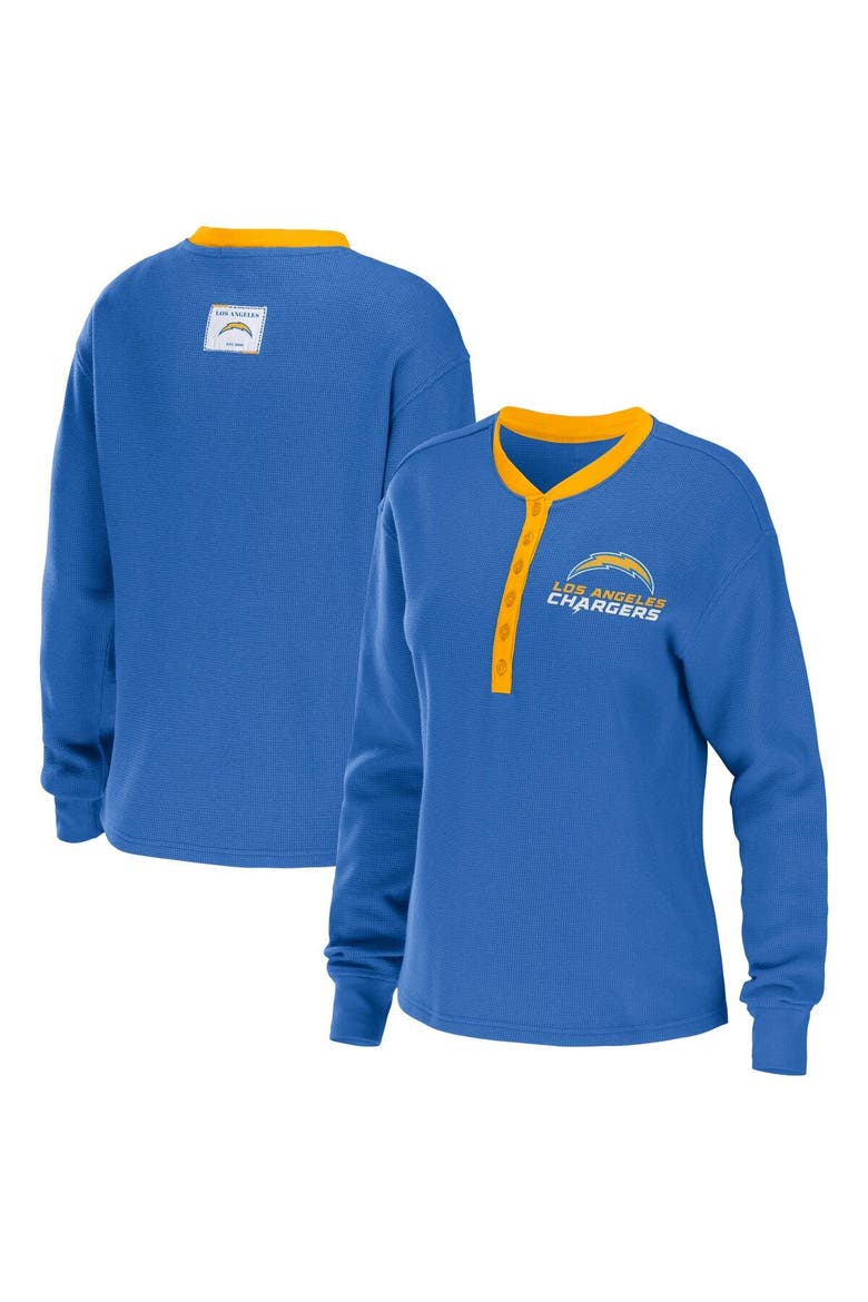 Women's WEAR by Erin Andrews Powder Blue Los Angeles Chargers Waffle Henley Long Sleeve T-Shirt, Main, color, Powder Blue