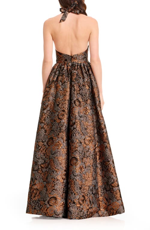 Dress The Population Christina Metallic Floral Jacquard Plunge Halter Neck Gown In Brown