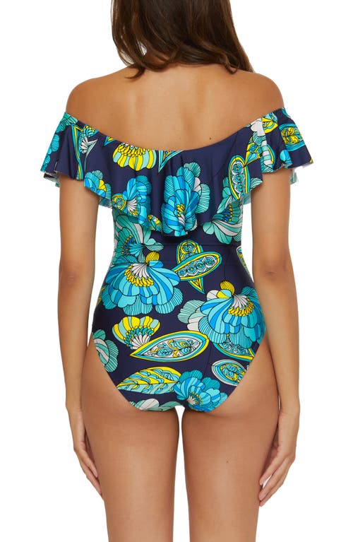 Trina Turk Pirouette Ruffle Off The Shoulder One-piece Swimsuit In Navy Multi