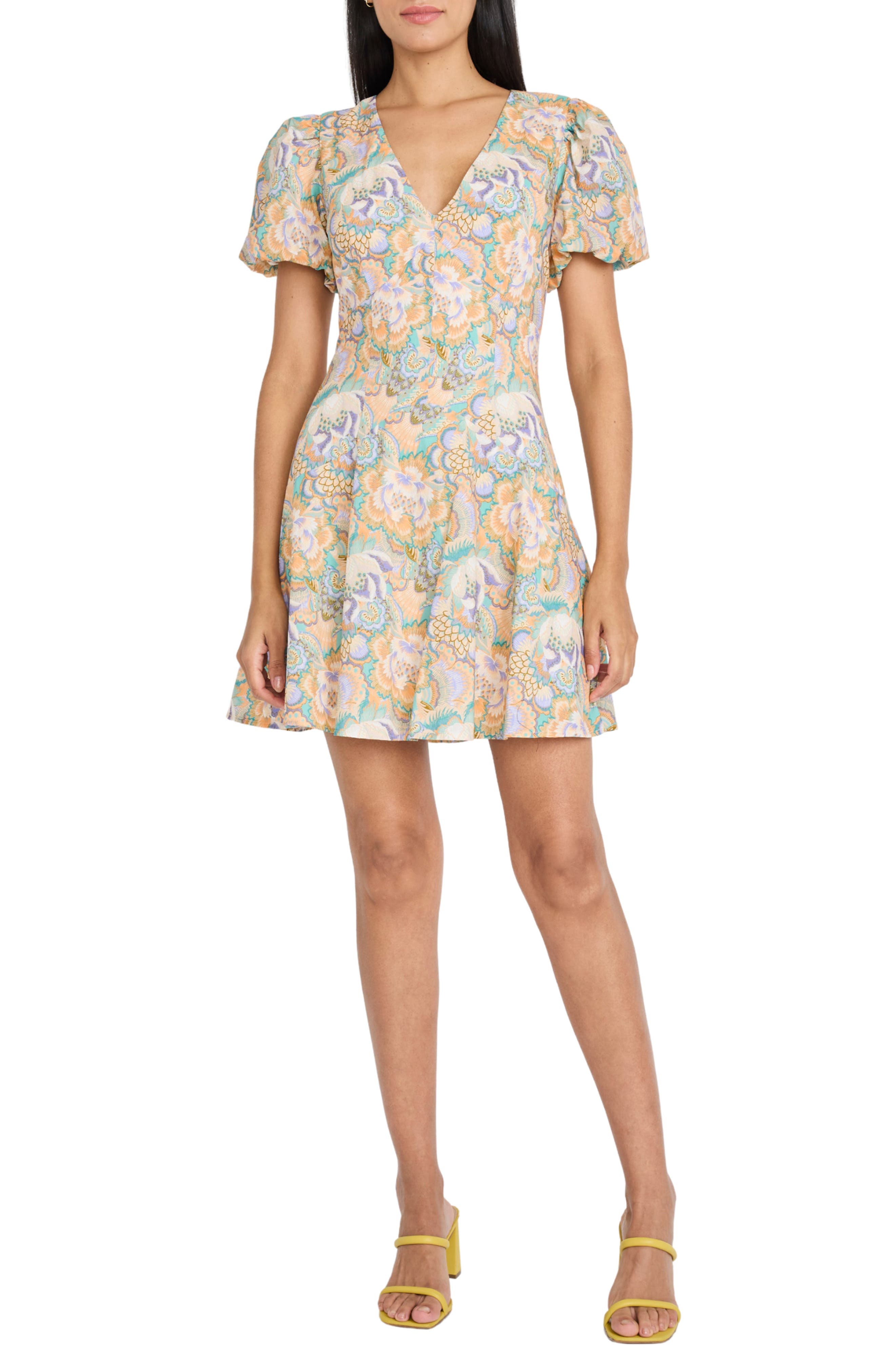 Donna Morgan Floral Puff Sleeve A-Line Minidress