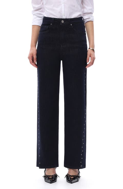 High Waist Straight Leg Two-Tone Jeans (Rinse Wash)