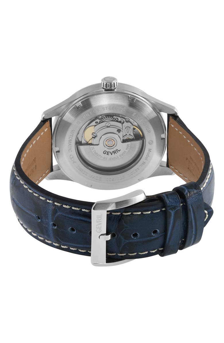 GEVRIL Excelsior Croc Embossed Leather Strap Watch, 42mm, Alternate, color, Blue