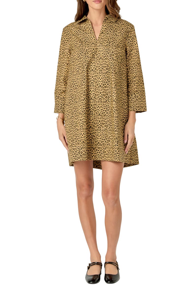 Leopard Collar Long Sleeve Shift Dress, Main, color, BROWN