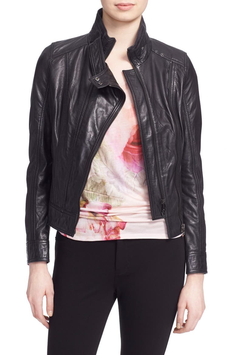 'Roark' Stand Collar Leather Jacket, Main, color, BLACK