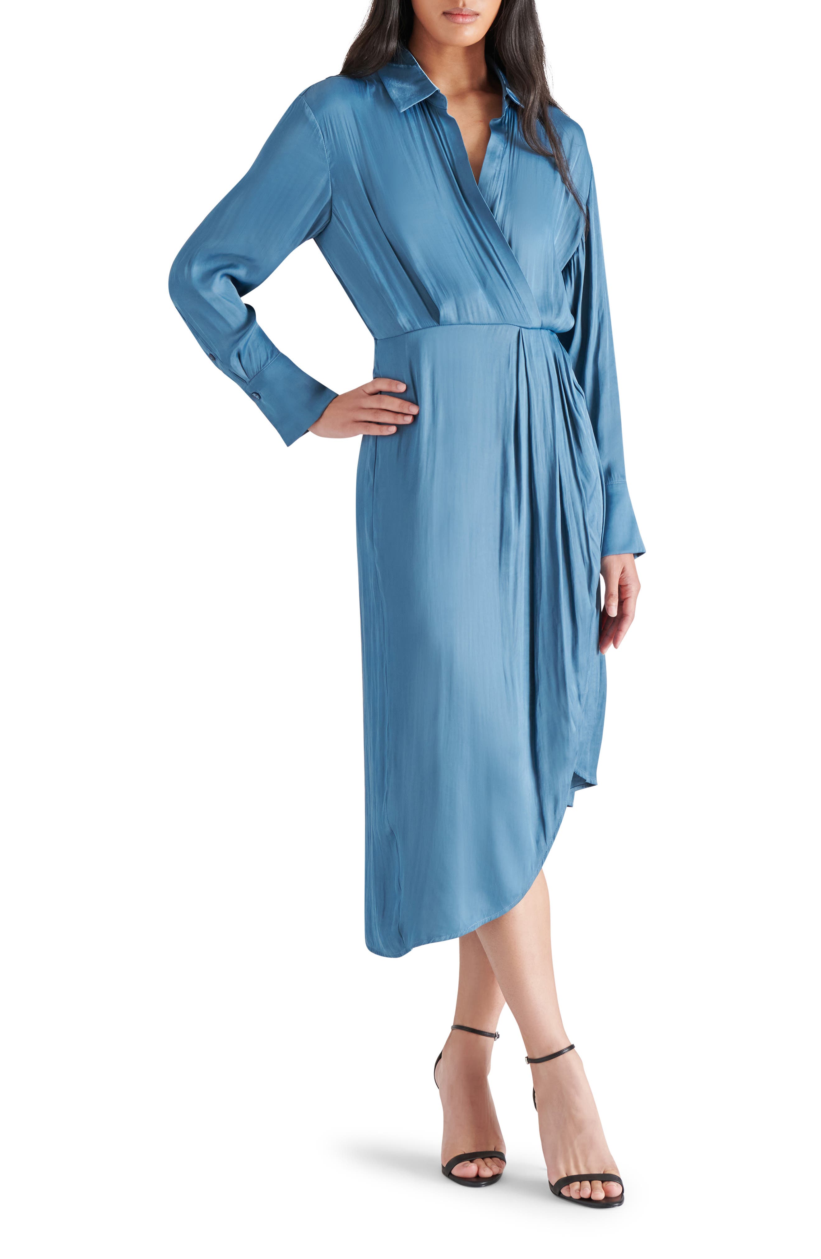 Steve Madden Martina Long Sleeve Faux Wrap Midi Shirtdress