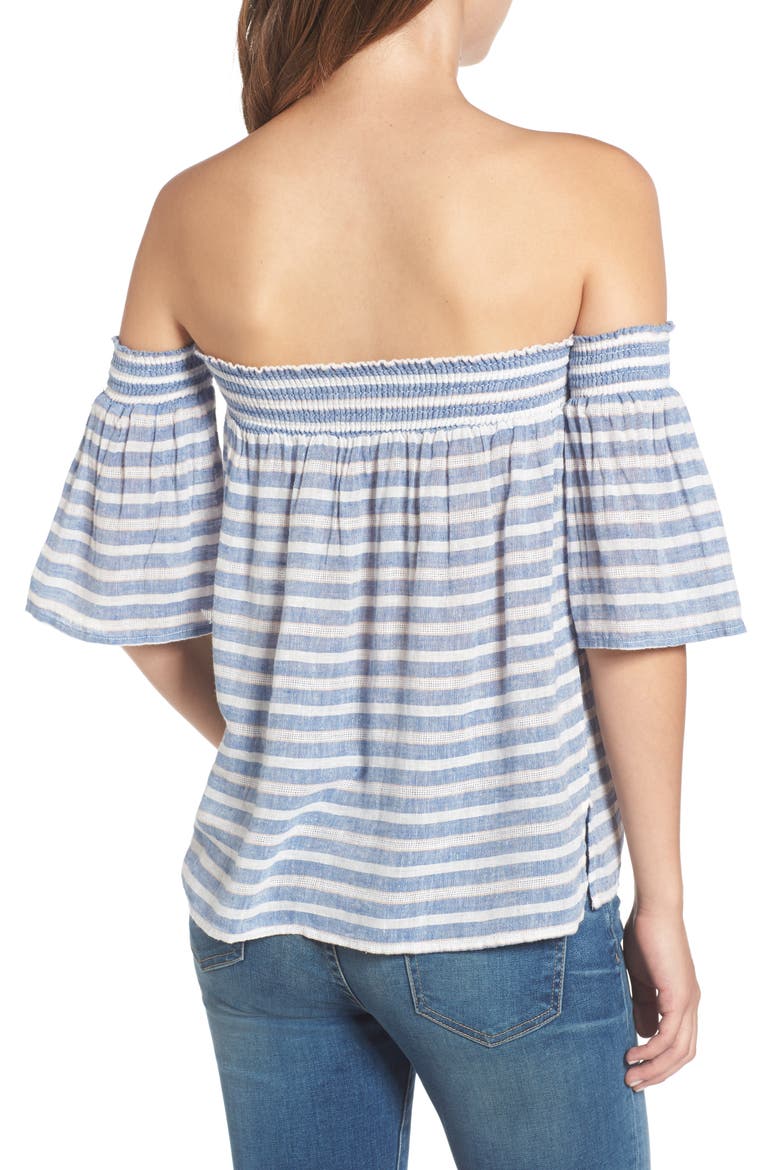 Isabelle Off the Shoulder Linen Blend Top, Alternate, color, MYKONOS STRIPE