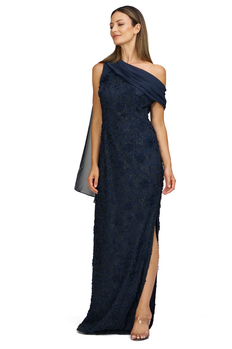 Elodie Floral One-Shoulder Cotton Blend Gown, Alternate, color, DEEP NAVY