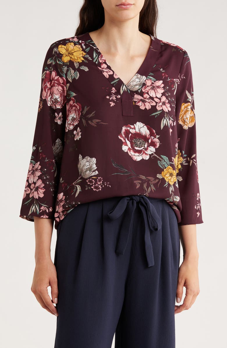 DR2 by Daniel Rainn V-Neck Roll Sleeve Top, Main, color, Eggplant