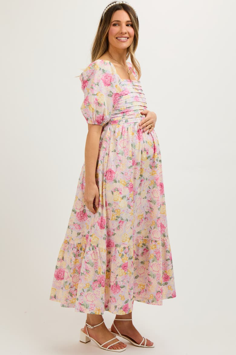 Floral Pleated Puff Sleeve Midi Dress, Alternate, color, Lavender