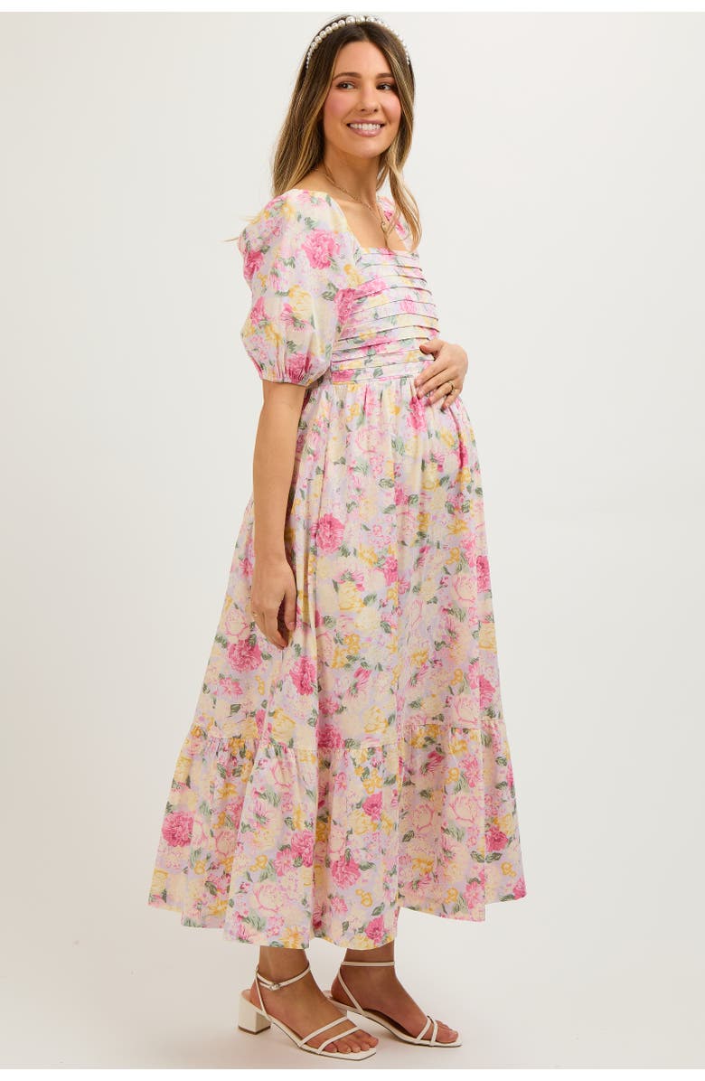 PinkBlush Floral Pleated Puff Sleeve Midi Dress, Alternate, color, Lavender