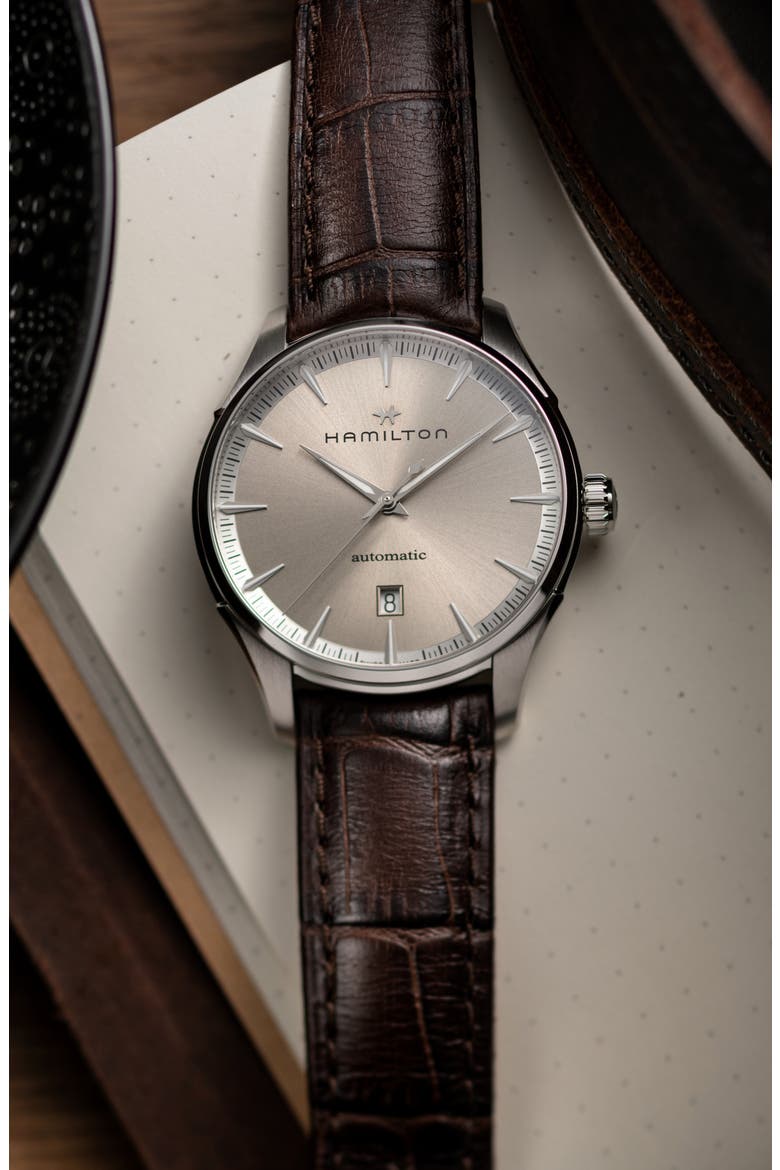 Jazzmaster Automatic Leather Strap Watch, 40mm, Alternate, color, BROWN
