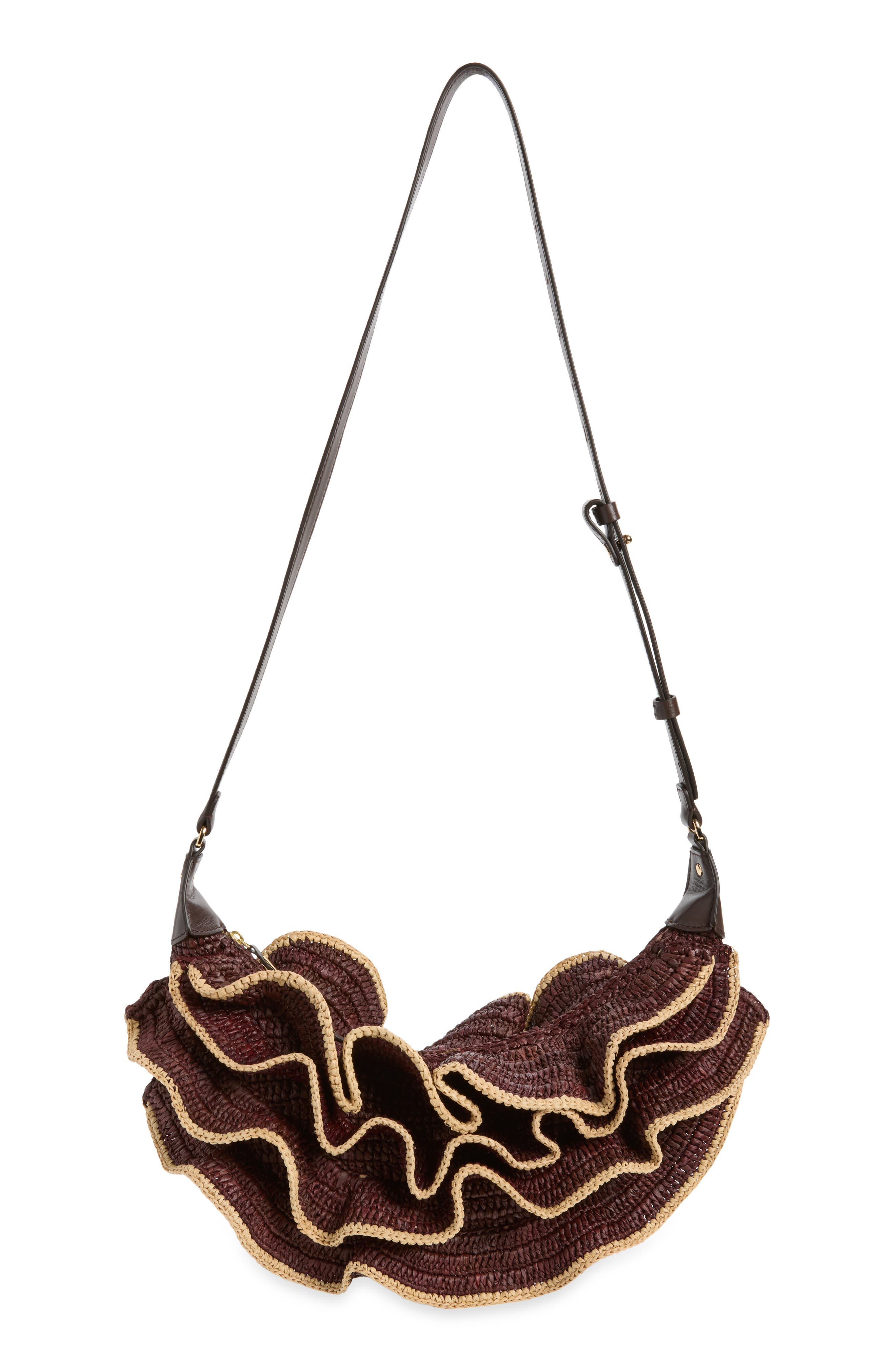 Goldentime Ruffle Woven Raffia Shoulder Bag, Main, color, CHOCOLATE