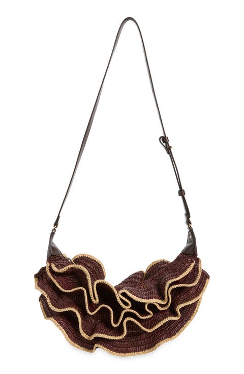 Goldentime Ruffle Woven Raffia Shoulder Bag