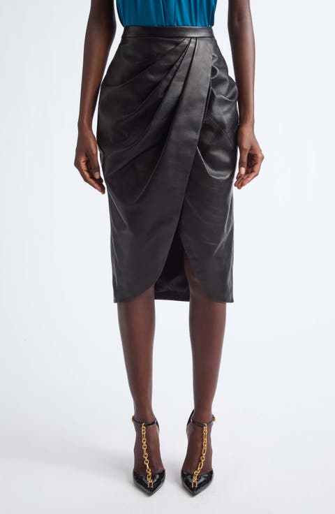 Draped High Waist Leather Midi Skirt