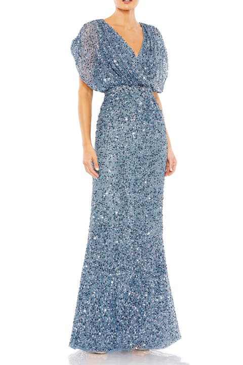 Petite Sequin Draped Sleeve V-Neck Gown