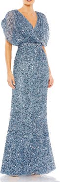 Mac Duggal Petite Sequin Draped Sleeve V-Neck Gown