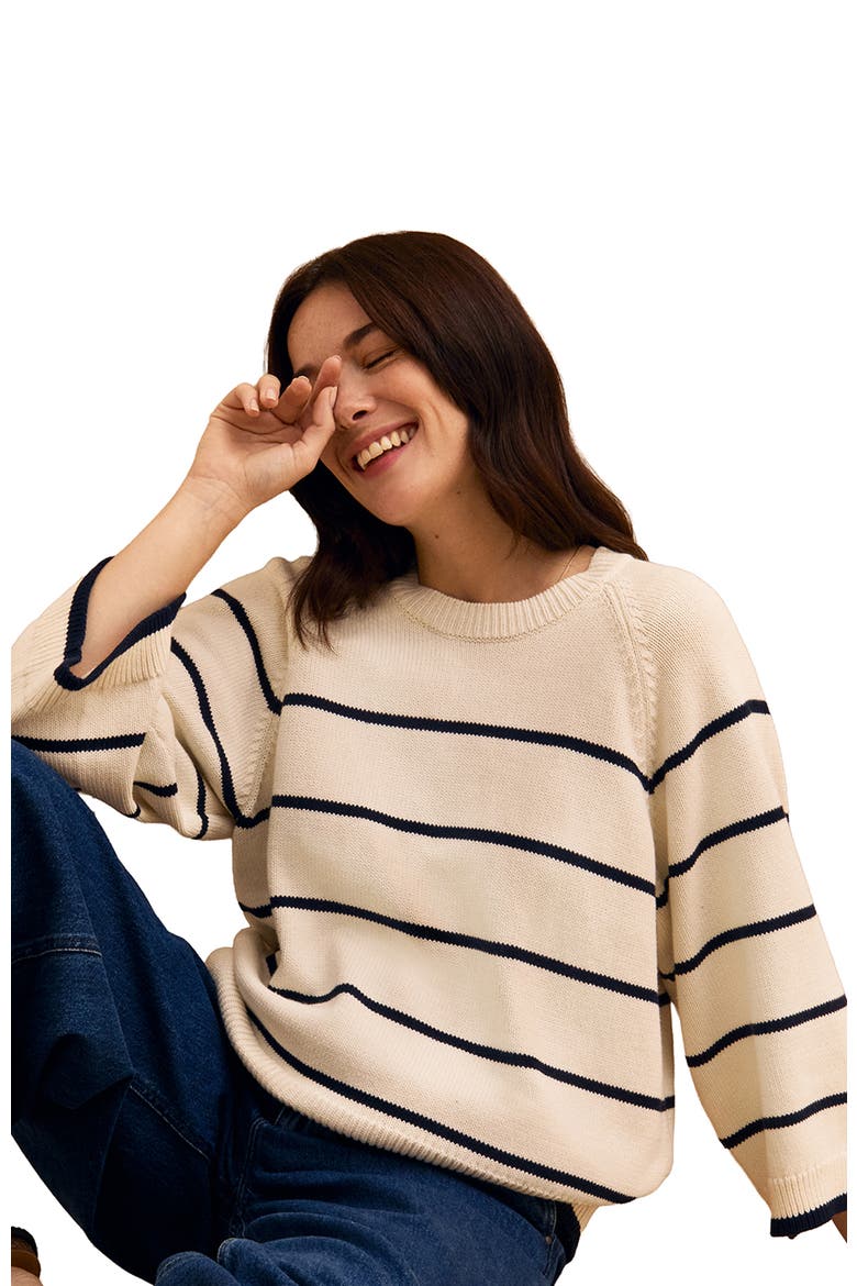 Raglan Crop Sleeve Crew Sweater, Alternate, color, Ecru Stripe