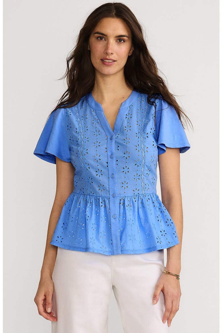 Short Sleeve Mixed Media Eyelet Top, Main, color, Crisp Blue