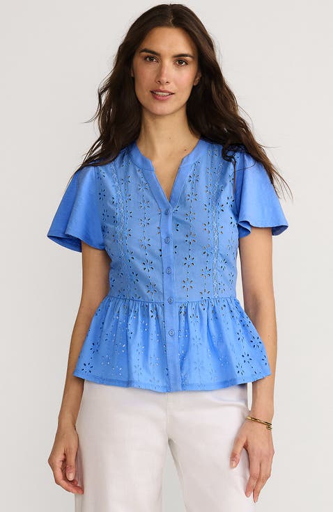 Short Sleeve Mixed Media Eyelet Top