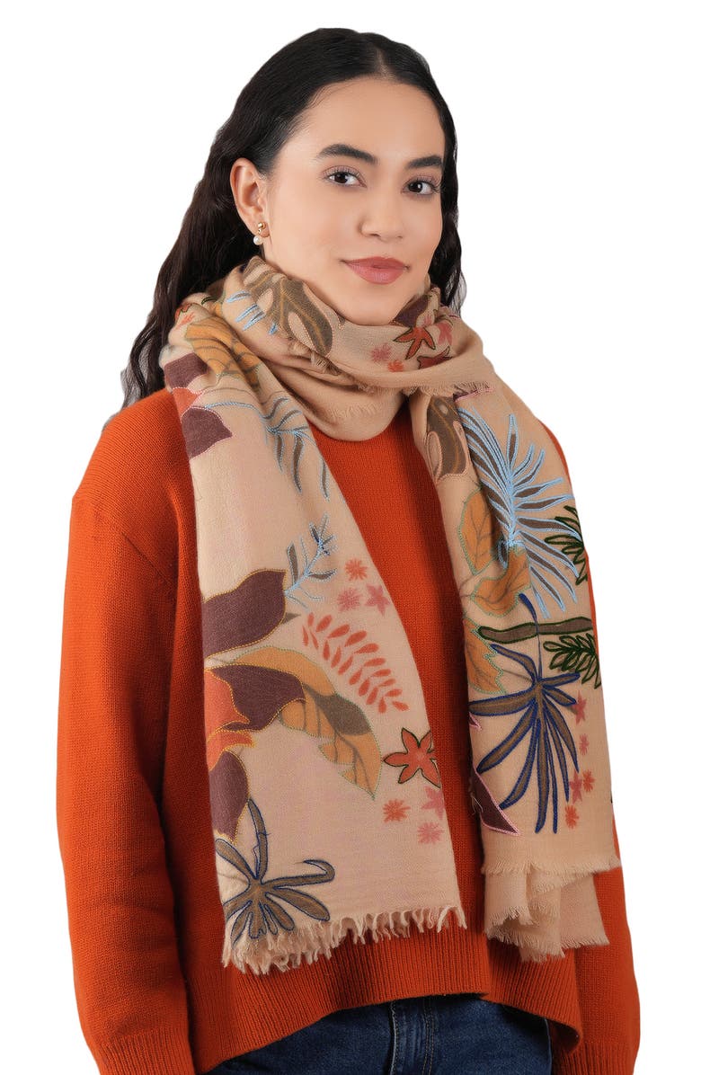 Vismaya Embroidered Wool Fringe Scarf, Alternate, color, Champagne
