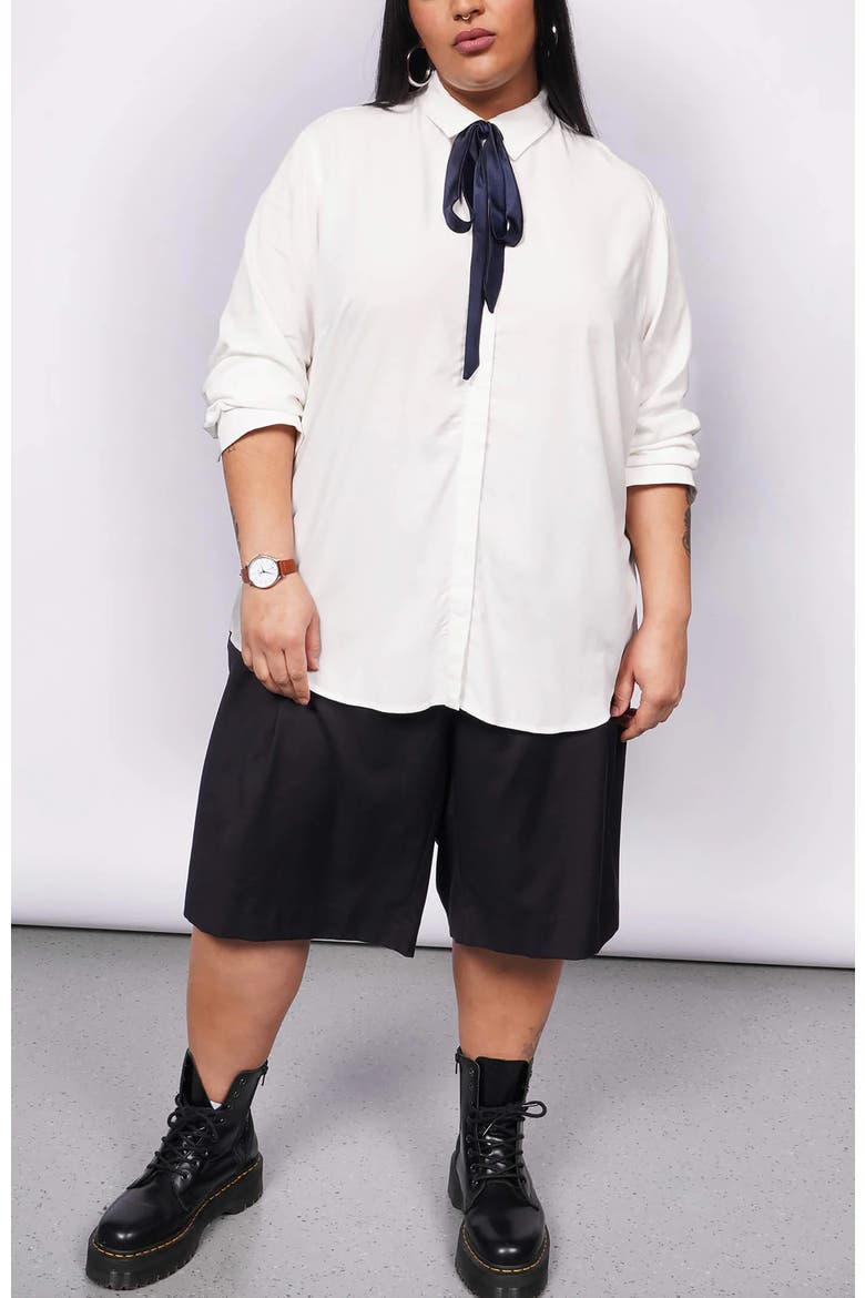 The Empower long Sleeve Bow Button Up, Alternate, color, WHITE/NAVY