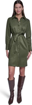 HALSTON Long Sleeve Suede Shirt Dress