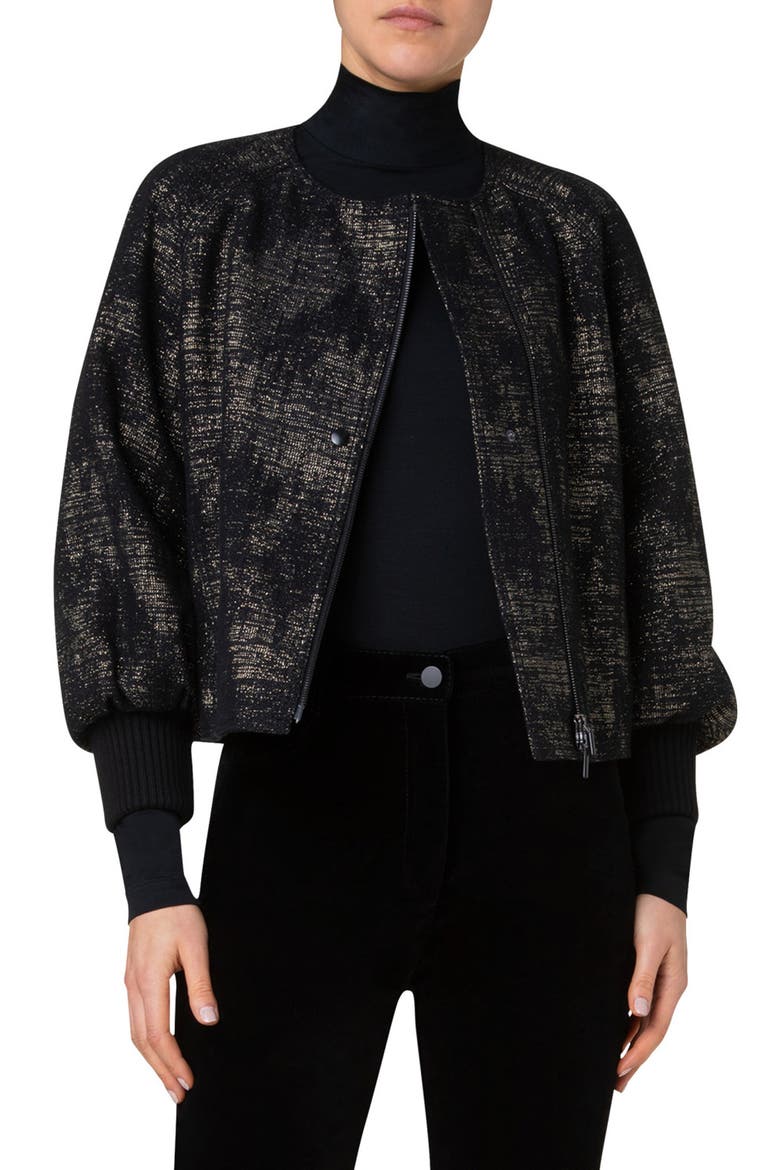 Metallic Jacquard Denim Bomber Jacket, Main, color, BLACK-GOLD