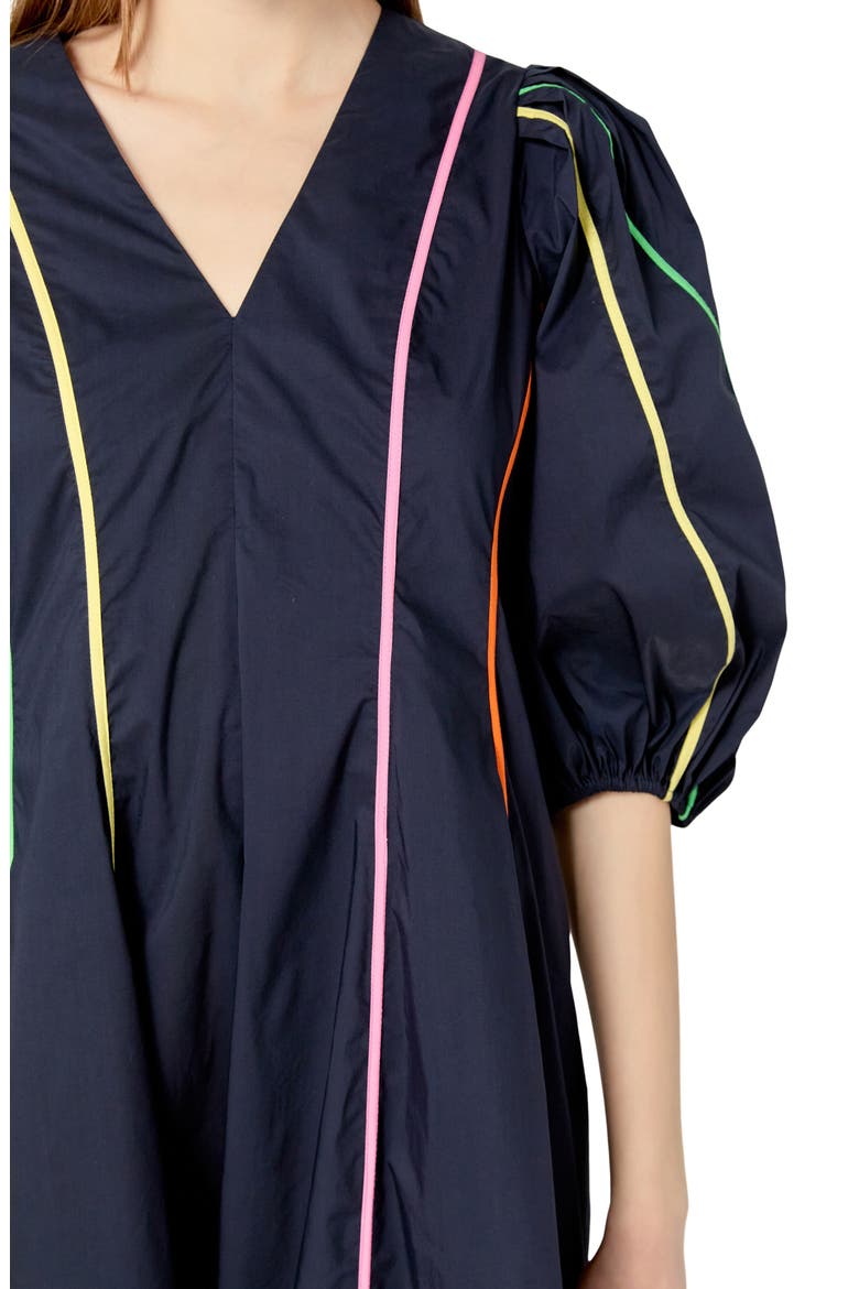Contrast Trim Puff Sleeve Cotton Blend Midi Dress, Alternate, color, NAVY MULTI
