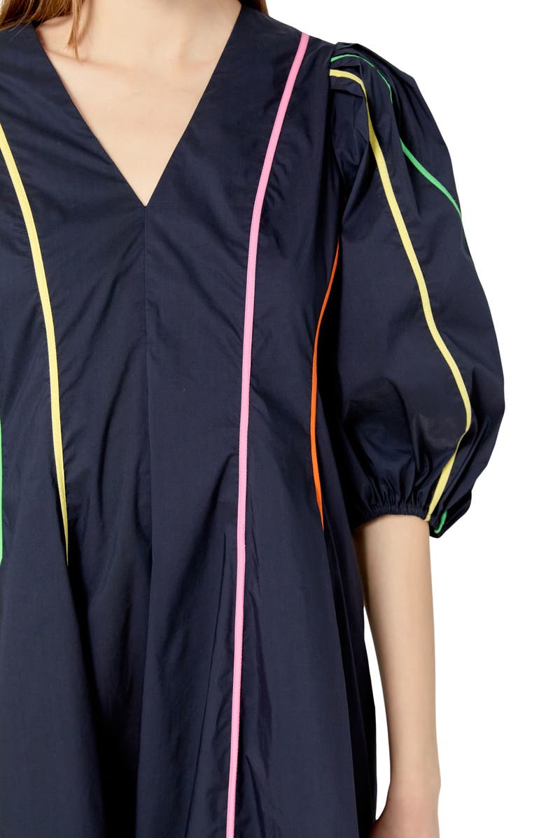 English Factory Contrast Trim Puff Sleeve Cotton Blend Midi Dress, Alternate, color, Navy Multi