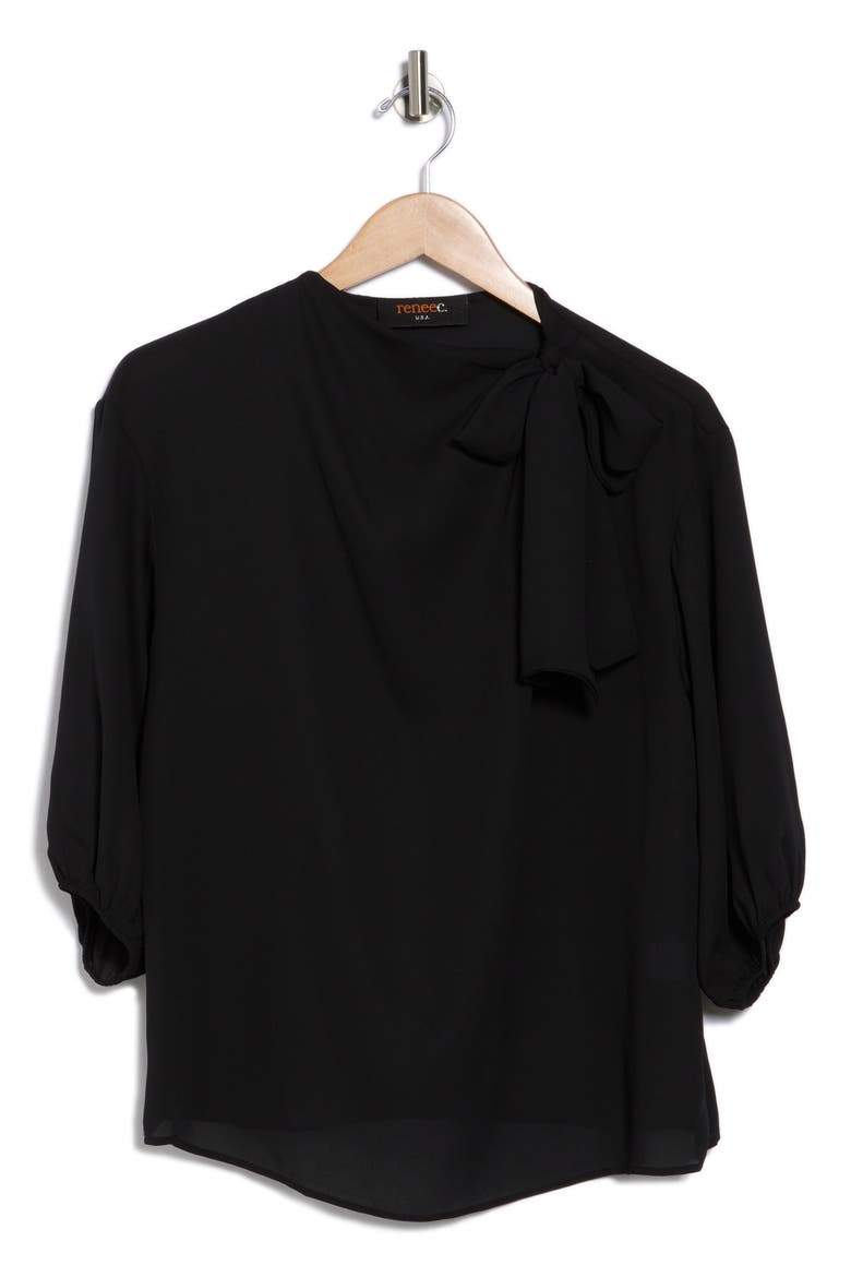 Scarf Detail Three-Quarter Sleeve Top, Alternate, color, BLACK
