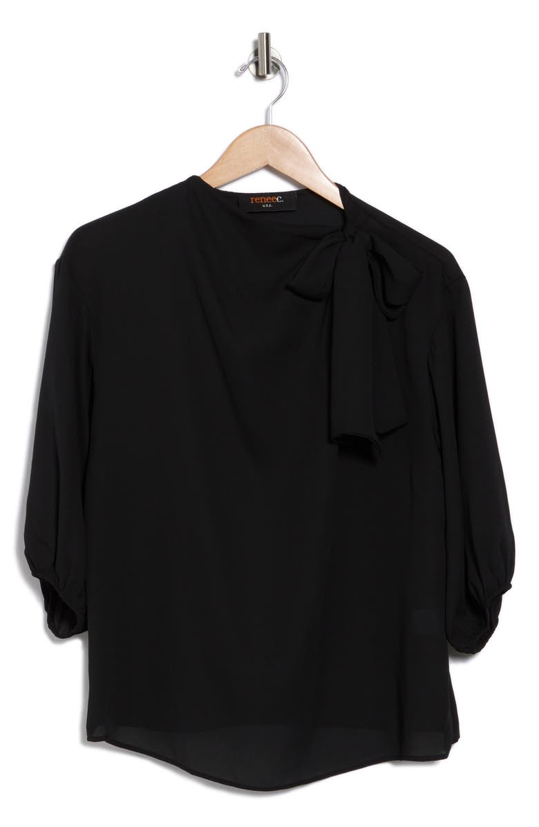 Renee C Scarf Detail Three-Quarter Sleeve Top, Alternate, color, Black