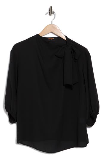 Renee C Scarf Detail Three-quarter Sleeve Top In Black