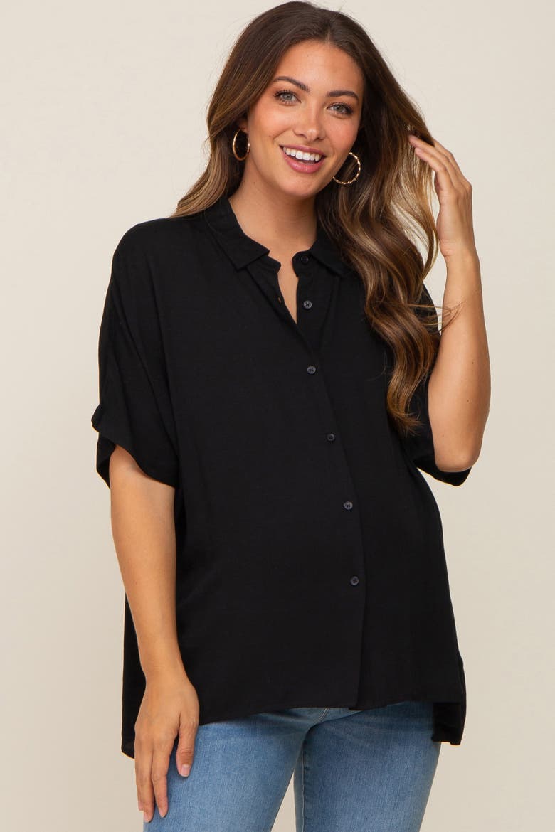 Button Up Dolman Short Sleeve Top, Main, color, Black