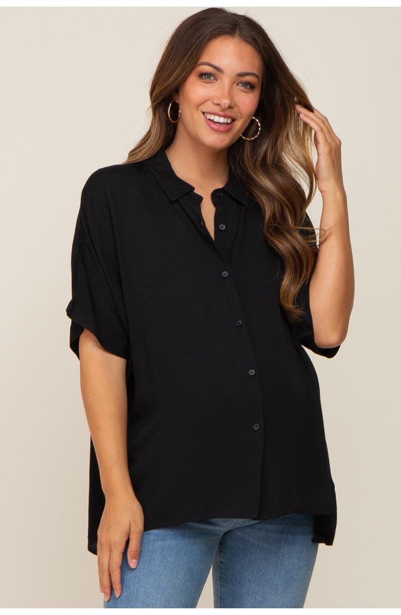 PinkBlush Button Up Dolman Short Sleeve Top, Main, color, Black