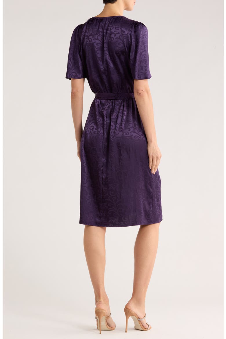 Floral Satin Jacquard Wrap Front Dress, Alternate, color, EGGPLANT