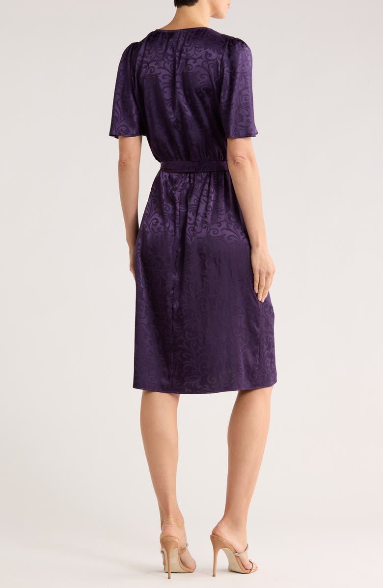 Connected Apparel Floral Satin Jacquard Wrap Front Dress, Alternate, color, Eggplant