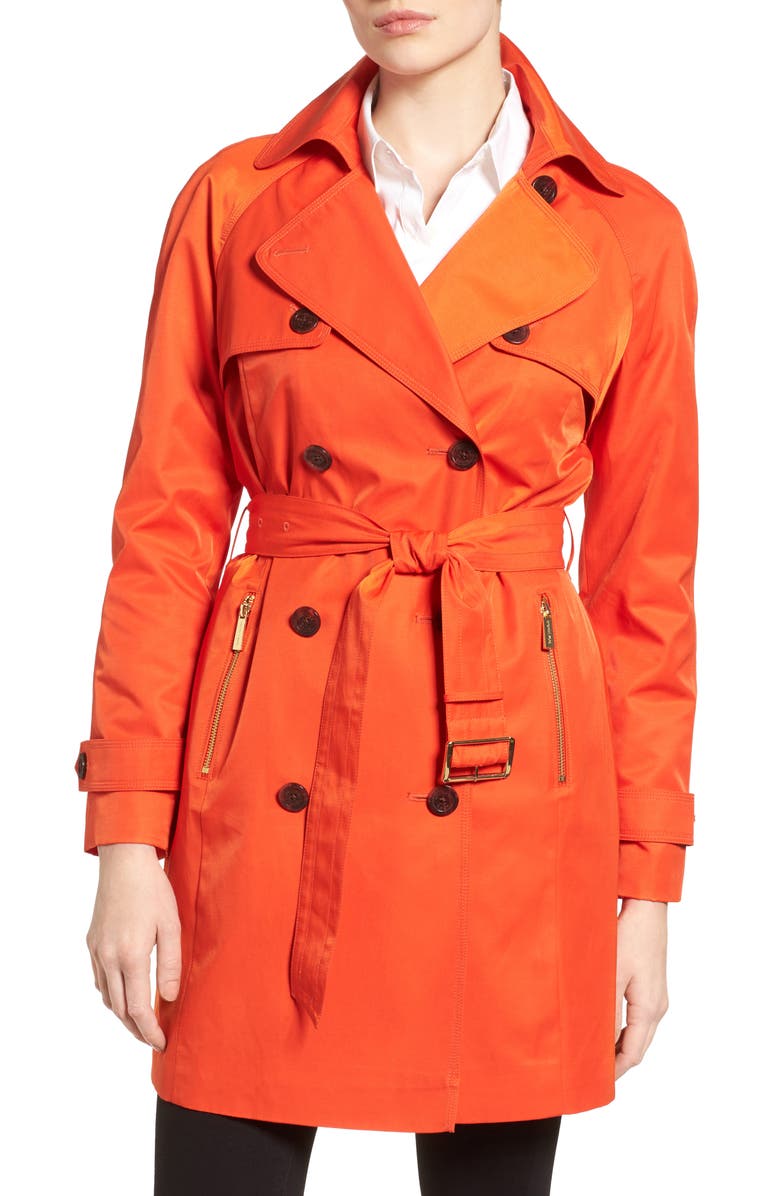MICHAEL Michael Kors Belted Double Breasted Trench Coat, Main, color,