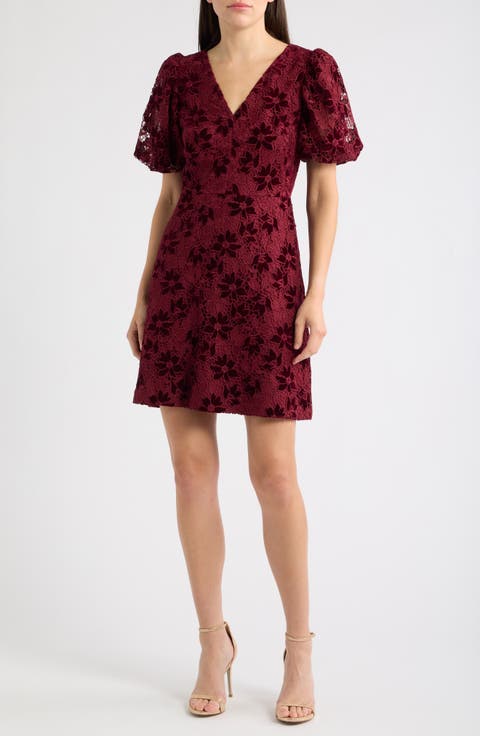 V-Neck Puff Sleeve Fit & Flare Dress