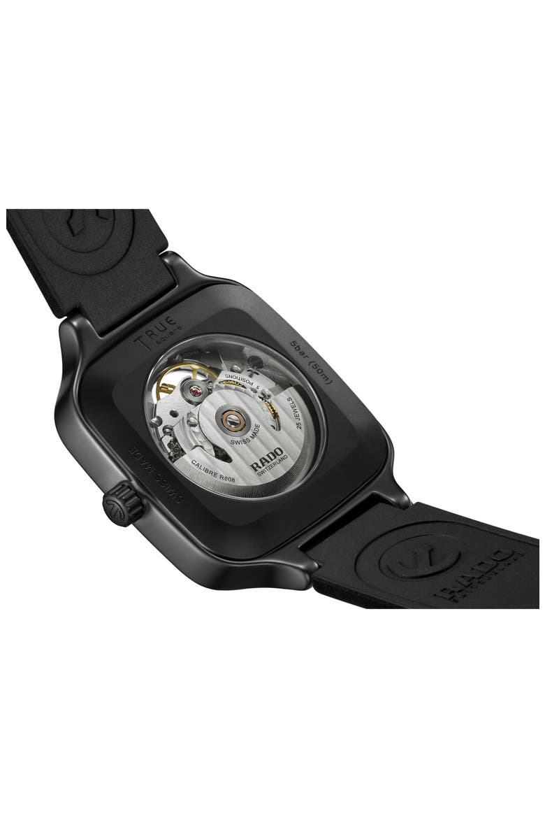 True Square Skeleton Automatic Rubber Strap Watch, 38mm, Alternate, color, BLACK