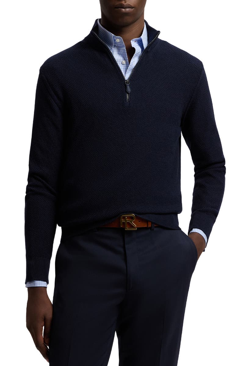 Ralph Lauren Purple Label Textured Silk & Cotton Half Zip Sweater, Main, color, Classic Chairman Navy