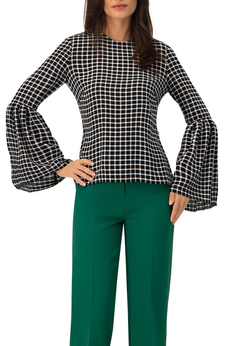 Check Blouse with Puffed Sleeves, Main, color, Black