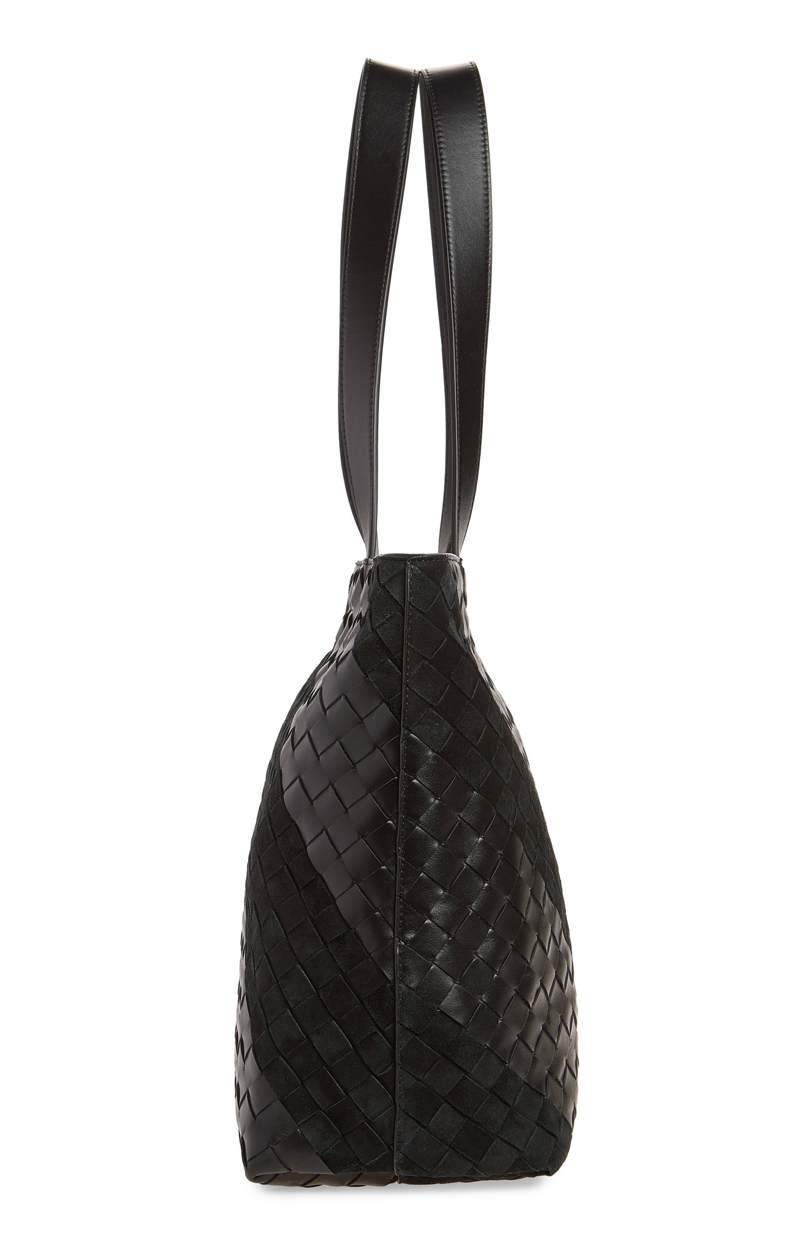 Small Intrecciato Leather Tote, Alternate, color, 8803 BLACK/ SILVER