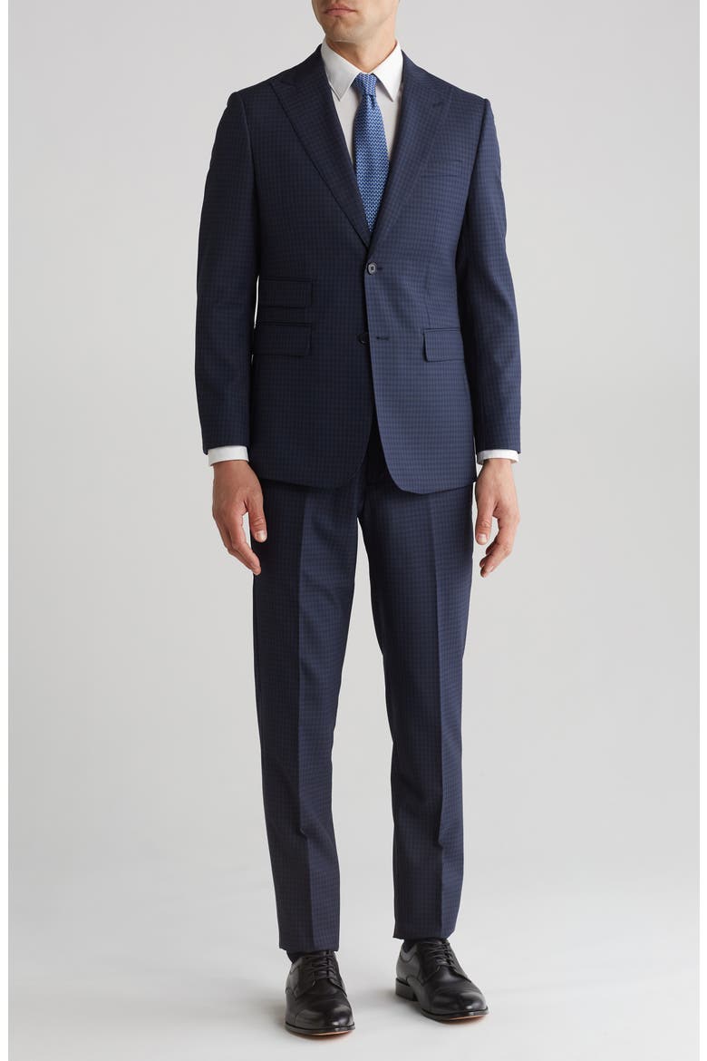 Plaid Trim Fit Wool Blend Two-Piece Suit, Main, color, NAVY